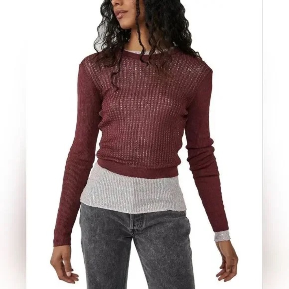 Free People H2O Sheer Pullover Crew Raw Garnet Top S - Picture 6 of 6